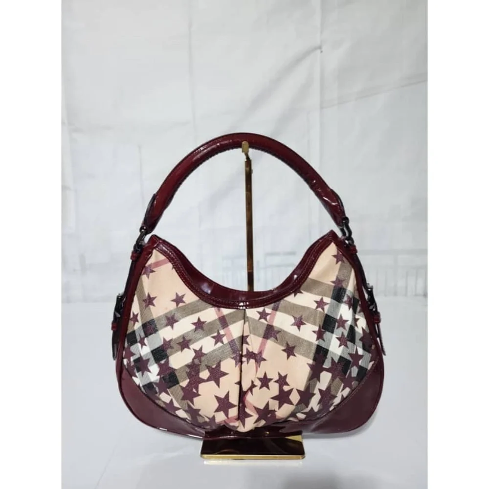 Authentic Burberry Nova Check Berry Red Star Small Hernville Hobo Bag Burgundy